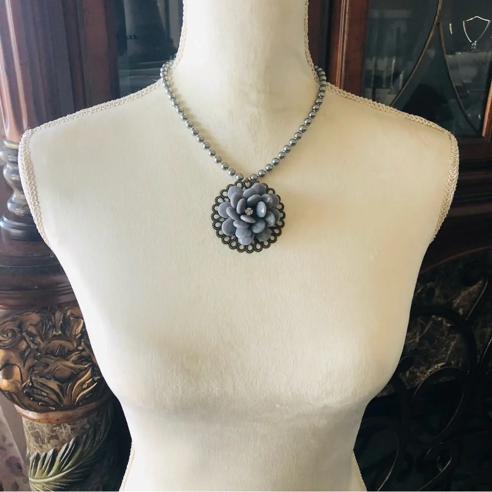 Handcrafted repurpose faceted floral pendant Czech glass Pearl necklace